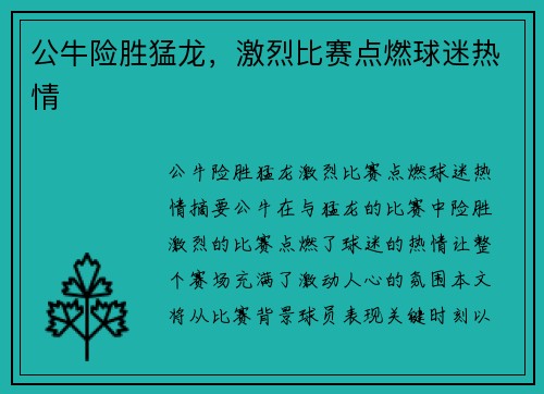 公牛险胜猛龙，激烈比赛点燃球迷热情