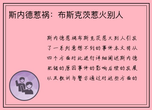斯内德惹祸：布斯克茨惹火别人